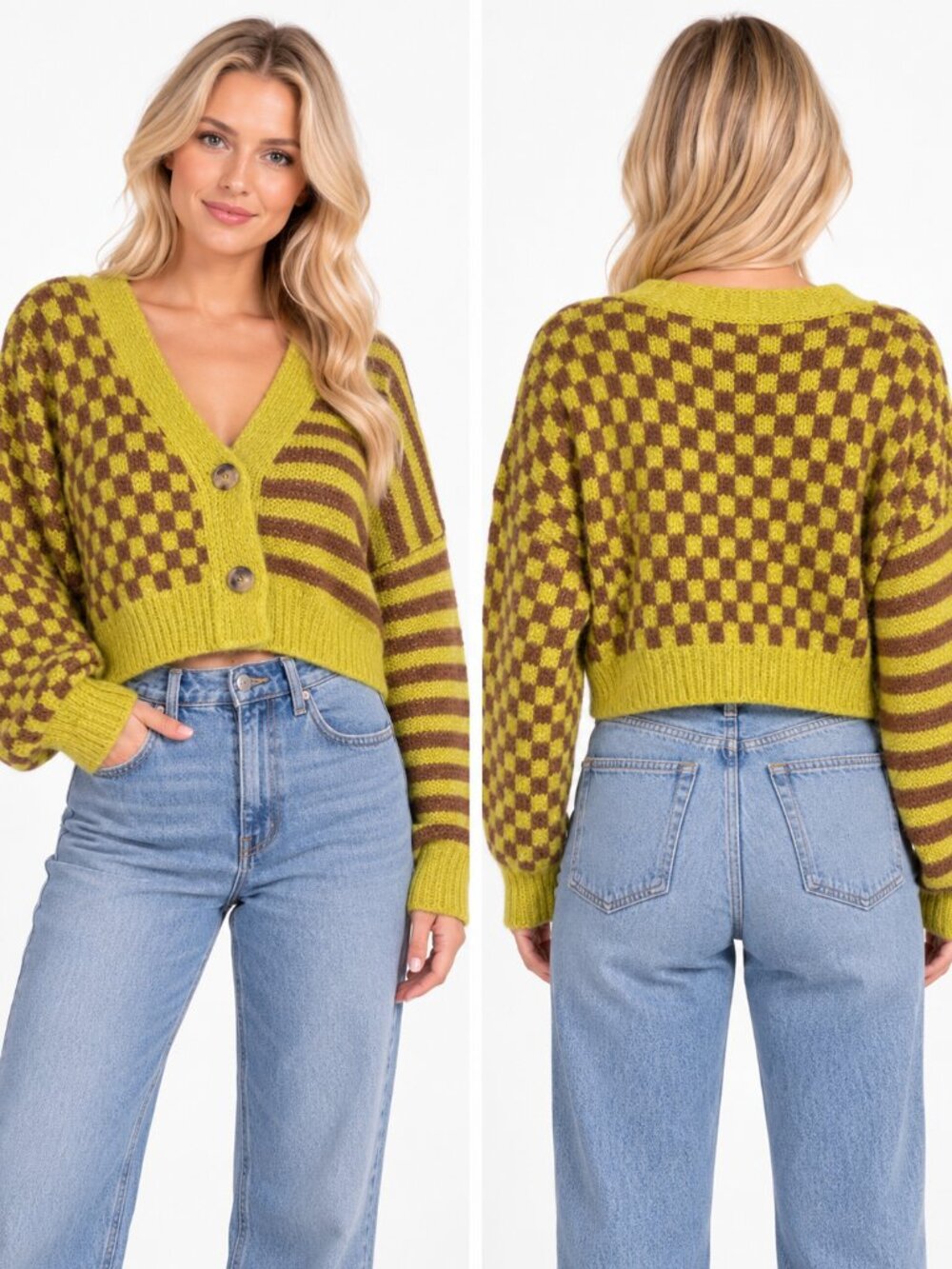 Zara Mixed Pattern Checkered Striped Cropped Cardigan Sweater Women’s M